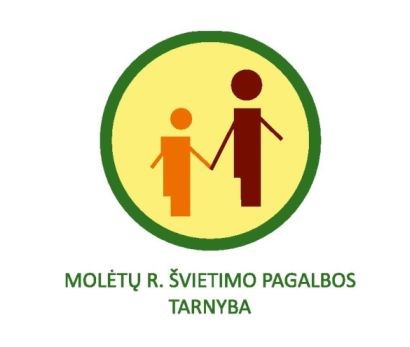 Molėtų švietimo pagalbos tarnybos logotipas - žalio apskritimo viduje geltoname fone du susikibę rankomis žmogeliukai, apačioje užrašas Molėtų r. švietimo pagalbos tarnyba