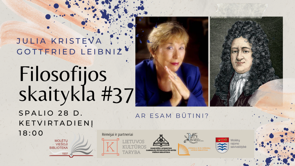 Filosofijos skaityklos plakatas su Julios Kristevos ir Gotfrydo Leibnico nuotraukomis