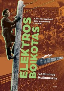 elektrikas įlipęs į elektros stulpą, tolumoje važiuoja traukinys