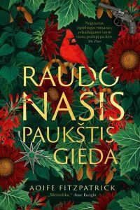 tarp gėlių tupi raudonas paukštis