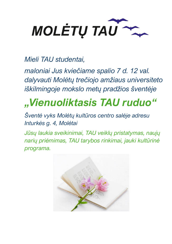 Molėtų TAU mokslo metų atidarymo šventė spalio 7 d. 12 val. Molėtų kultūros centre